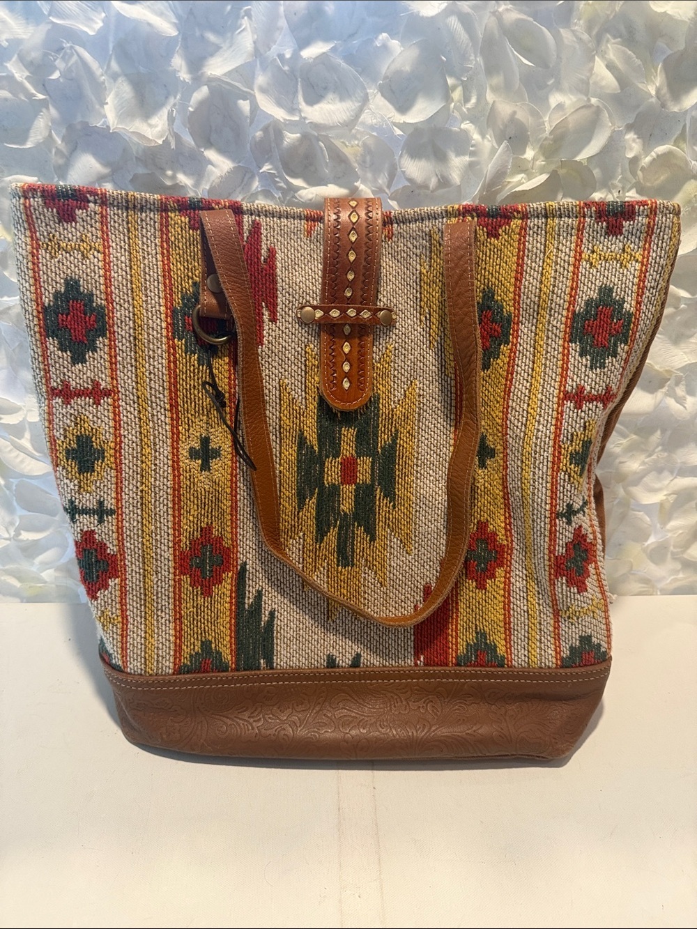 Myra Bag Multicolor Aztec Woven Tote with Tan Leather Trim